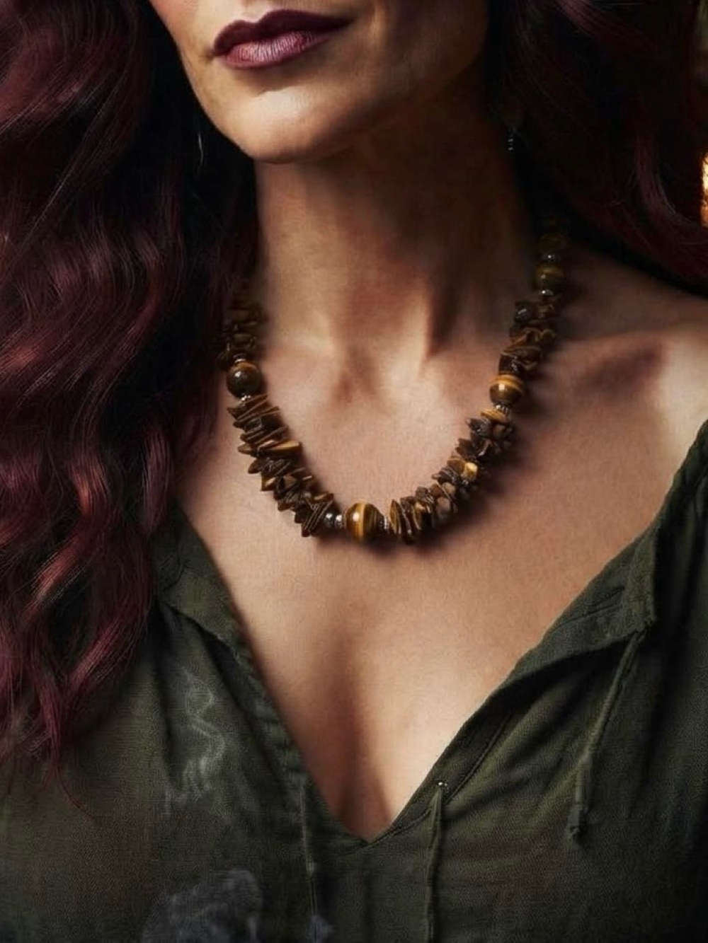 Tiger Eye Bead Cluster Necklace - Brown Gold Tone